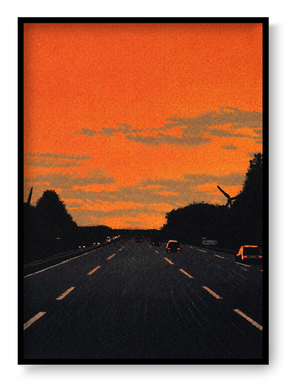 Vertical giclée art print showing cars driving along a dark motorway beneath a vivid orange sunset, with textured clouds and black tree silhouettes, ideal for modern hallway, office or gallery wall decor.