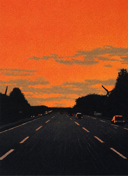 Vertical giclée art print showing cars driving along a dark motorway beneath a vivid orange sunset, with textured clouds and black tree silhouettes, ideal for modern hallway, office or gallery wall decor.