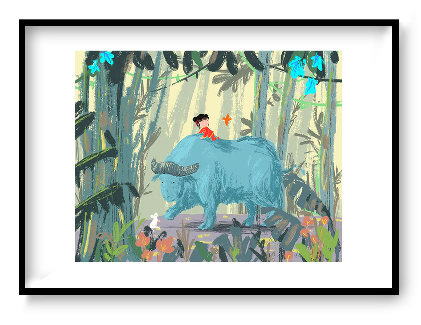 Year of the Ox by Willy Leung featuring a child riding a gentle blue ox through a lush forest in a whimsical storybook style. Soft green and blue tones, giclée print, landscape format, perfect for nursery and home decor.