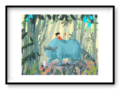 Year of the Ox by Willy Leung featuring a child riding a gentle blue ox through a lush forest in a whimsical storybook style. Soft green and blue tones, giclée print, landscape format, perfect for nursery and home decor.