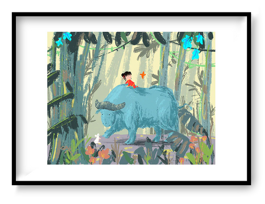 Year of the Ox by Willy Leung featuring a child riding a gentle blue ox through a lush forest in a whimsical storybook style. Soft green and blue tones, giclée print, landscape format, perfect for nursery and home decor.