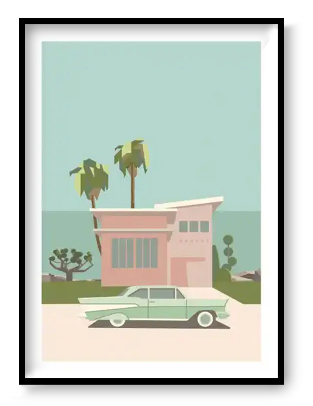 Palm Springs mid century modern house illustration with vintage car and palm trees, minimalist retro architecture art print in soft pastel colors, A3 digital wall art