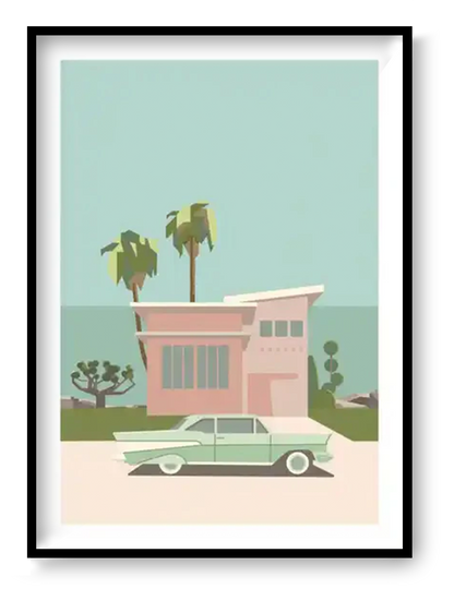 Palm Springs mid century modern house illustration with vintage car and palm trees, minimalist retro architecture art print in soft pastel colors, A3 digital wall art