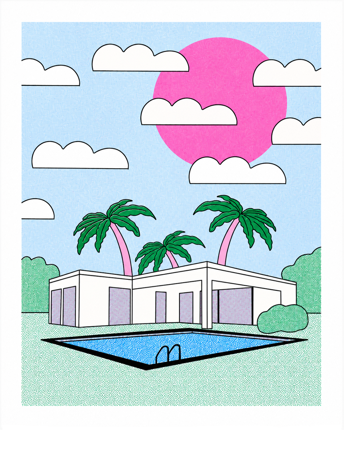 Palm Springs risograph art print by Studio Stoutpoep featuring a modernist villa, swimming pool, pink sun, and palm trees in pastel colors. Retro-inspired A3 wall art with playful mid-century holiday vibes, ideal for living rooms, offices, and contemporary interiors.