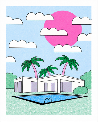Palm Springs risograph art print by Studio Stoutpoep featuring a modernist villa, swimming pool, pink sun, and palm trees in pastel colors. Retro-inspired A3 wall art with playful mid-century holiday vibes, ideal for living rooms, offices, and contemporary interiors.