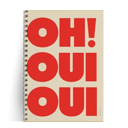 A5 spiral notebook titled “Oh! Oui Oui” by French brand Papier & Co., featuring bold red typography on a cream background, 60 blank pages, made with recycled paper – fun and eco-friendly stationery for creatives and design lovers.