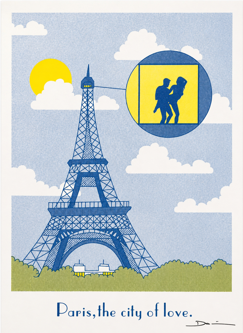Risograph art print featuring the Eiffel Tower in Paris with a playful romantic scene highlighted inside a viewing circle, printed in blue and yellow tones on textured paper. Humorous contemporary wall art for living rooms, bedrooms, and modern interiors.
