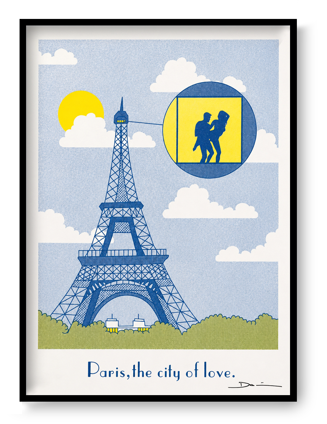 Risograph art print featuring the Eiffel Tower in Paris with a playful romantic scene highlighted inside a viewing circle, printed in blue and yellow tones on textured paper. Humorous contemporary wall art for living rooms, bedrooms, and modern interiors.