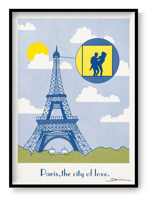Risograph art print featuring the Eiffel Tower in Paris with a playful romantic scene highlighted inside a viewing circle, printed in blue and yellow tones on textured paper. Humorous contemporary wall art for living rooms, bedrooms, and modern interiors.