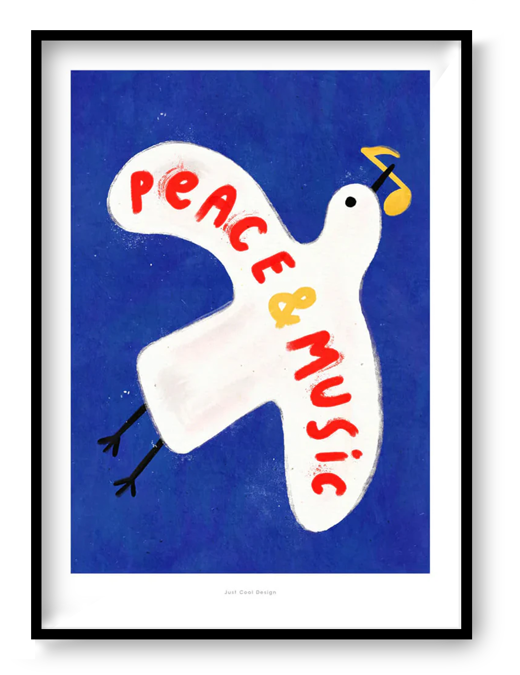 Colorful art print of a white pigeon carrying a yellow musical note on a deep blue background with the hand-painted phrase “Peace & Music” in red and yellow letters. Whimsical and modern illustration by Just Cool Design, perfect wall art for music lovers and optimistic interiors.