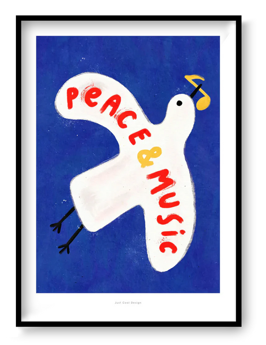 Colorful art print of a white pigeon carrying a yellow musical note on a deep blue background with the hand-painted phrase “Peace & Music” in red and yellow letters. Whimsical and modern illustration by Just Cool Design, perfect wall art for music lovers and optimistic interiors.