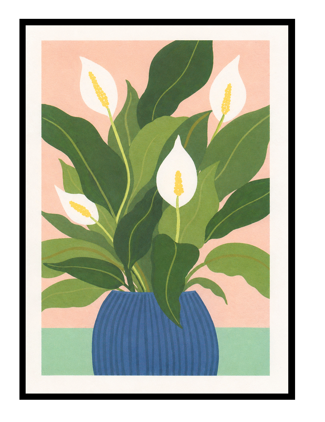 Peace Lilly botanical art print by Leen De Pelseneer featuring white peace lily flowers and large green leaves in a blue vase on a soft pink background, contemporary A4 digital wall art print.