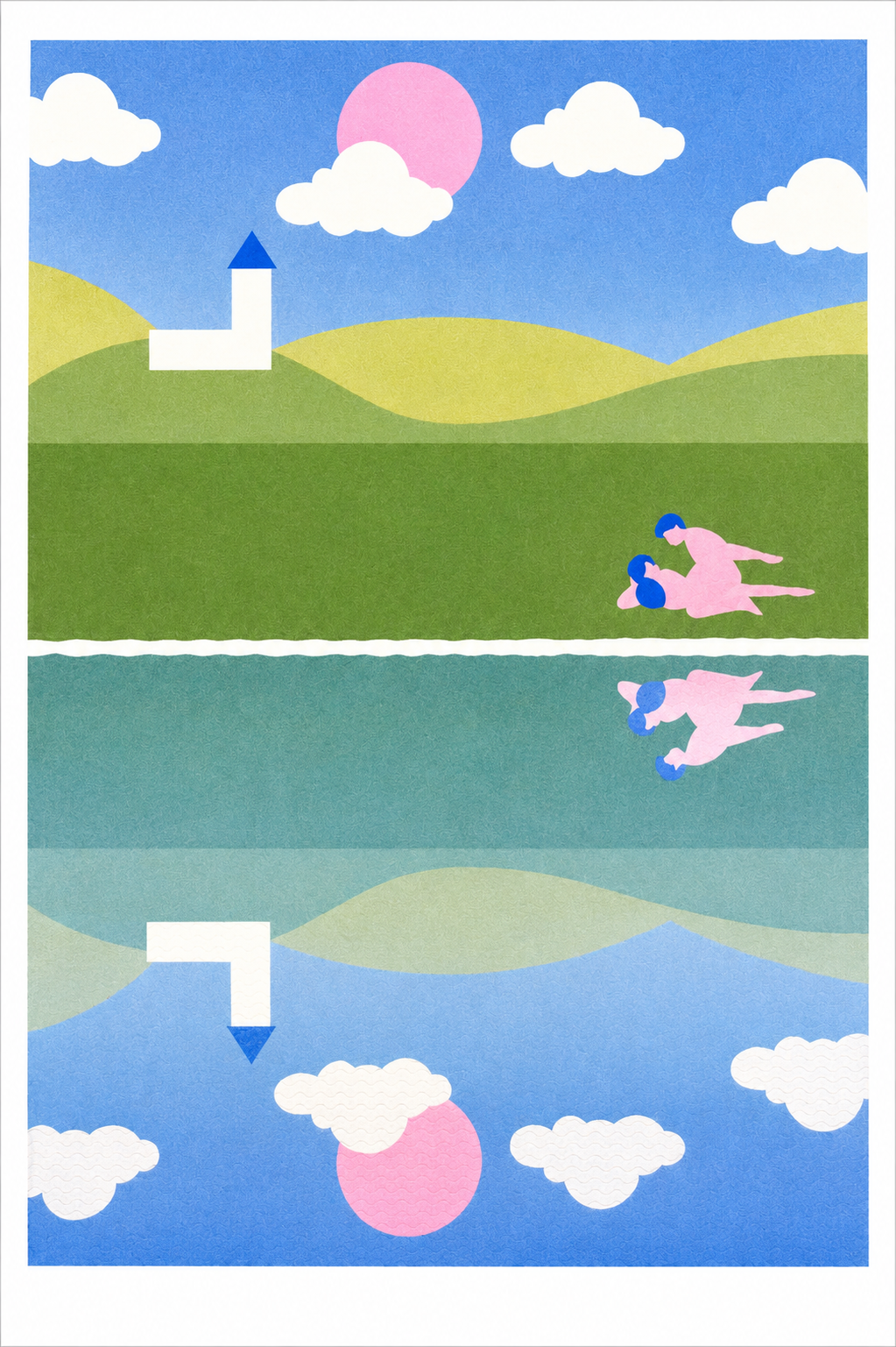 Risograph art print titled A peaceful town by Studio Stoutpoep, featuring a surreal countryside scene with rolling hills, a white church, and two nude figures in an intimate moment near a reflective lake. A2 size print in soft pastel colors, printed in Belgium with soy-based inks.