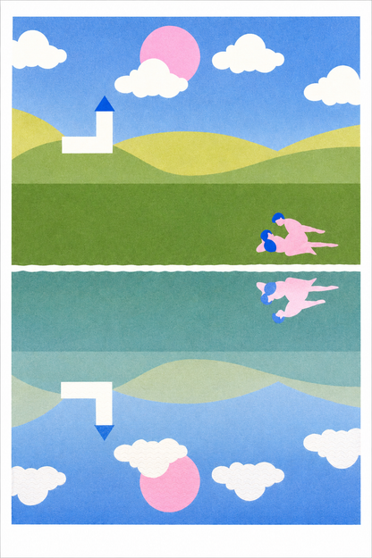 Risograph art print titled A peaceful town by Studio Stoutpoep, featuring a surreal countryside scene with rolling hills, a white church, and two nude figures in an intimate moment near a reflective lake. A2 size print in soft pastel colors, printed in Belgium with soy-based inks.