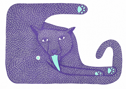 Purple cat risograph art print with elongated body, curled tail, mint tongue and paw details, bold graphic texture and landscape format for playful modern wall decor.