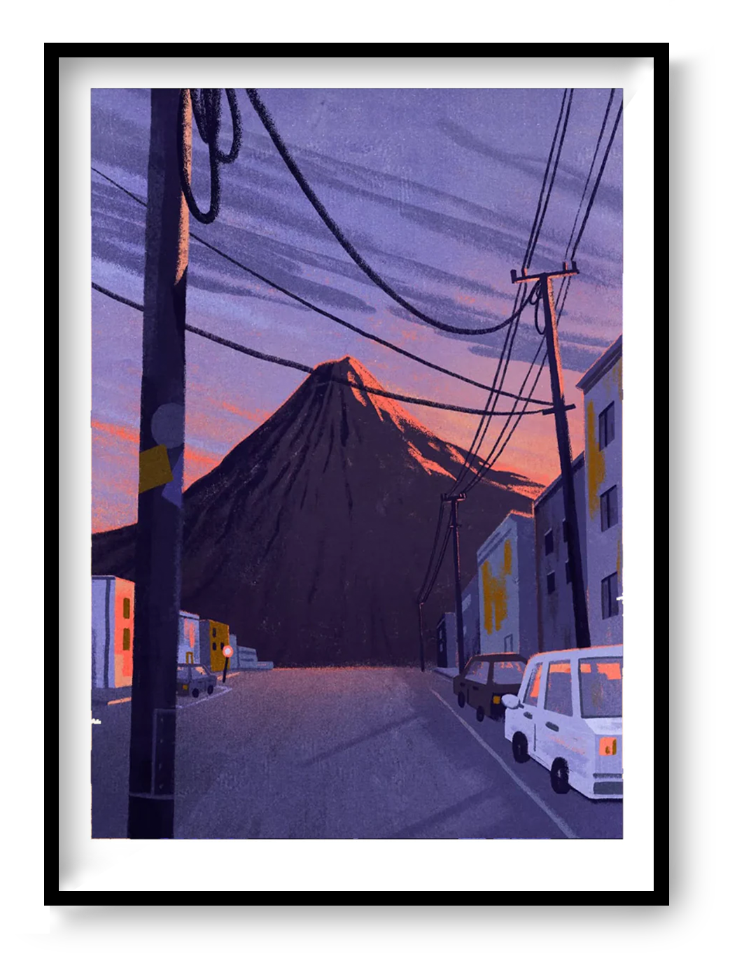 Illustration by Linde Raats showing Mt Pico volcano towering behind a quiet urban street at sunset, with deep purples, soft orange hues, and power lines cutting through the scene – 21x29.7 cm giclée print perfect for dramatic modern interiors