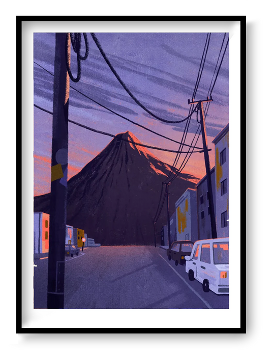 Illustration by Linde Raats showing Mt Pico volcano towering behind a quiet urban street at sunset, with deep purples, soft orange hues, and power lines cutting through the scene – 21x29.7 cm giclée print perfect for dramatic modern interiors
