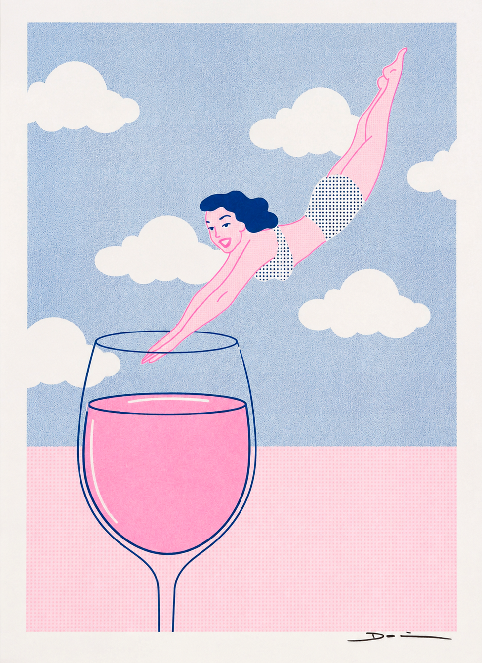 Playful risograph print of a woman diving into a glass of pink wine beneath white clouds, illustrated in pastel pink and blue with a contemporary graphic style, ideal for kitchen, dining room, or modern home decor.