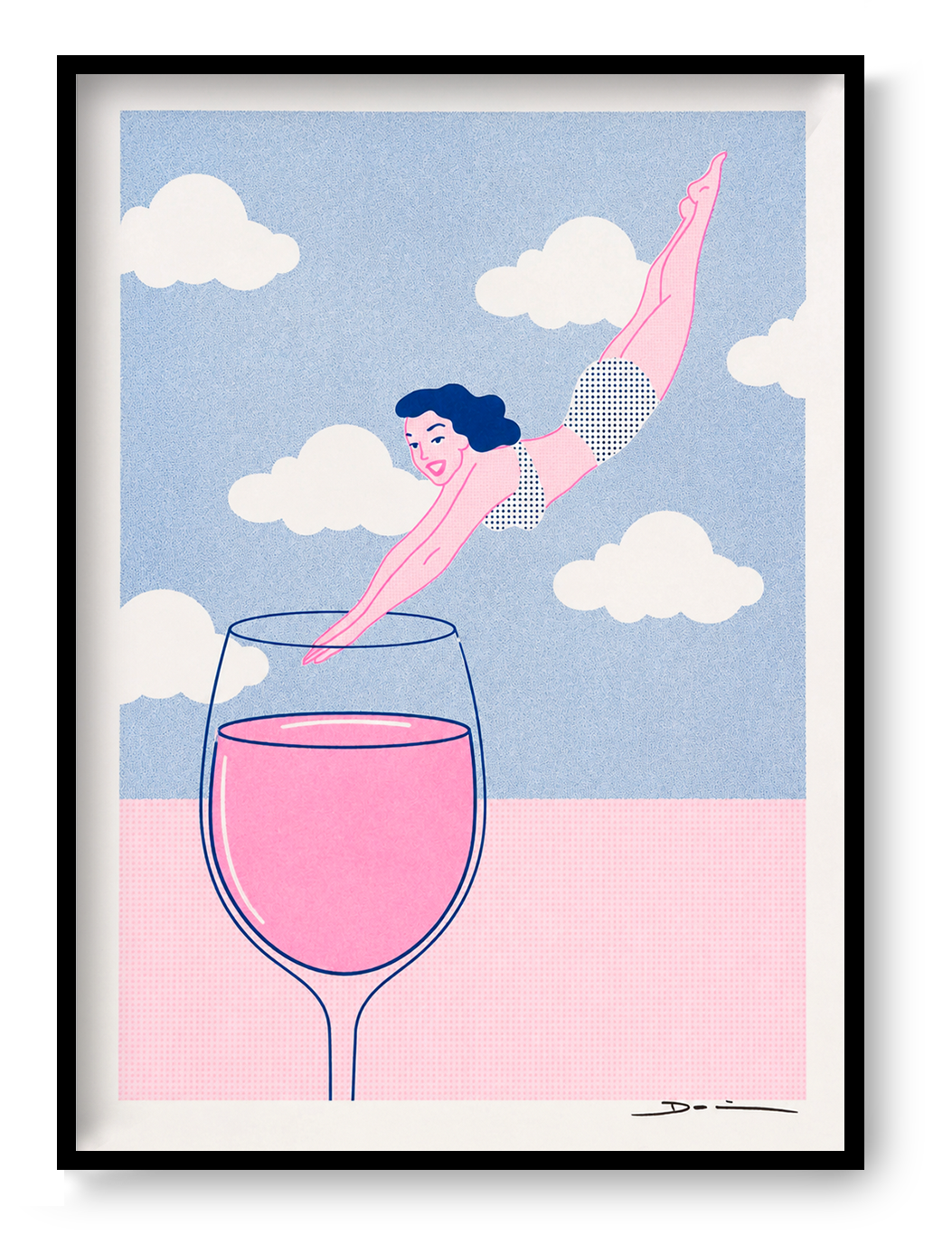 Playful risograph print of a woman diving into a glass of pink wine beneath white clouds, illustrated in pastel pink and blue with a contemporary graphic style, ideal for kitchen, dining room, or modern home decor.