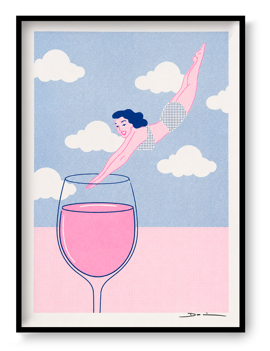 Playful risograph print of a woman diving into a glass of pink wine beneath white clouds, illustrated in pastel pink and blue with a contemporary graphic style, ideal for kitchen, dining room, or modern home decor.