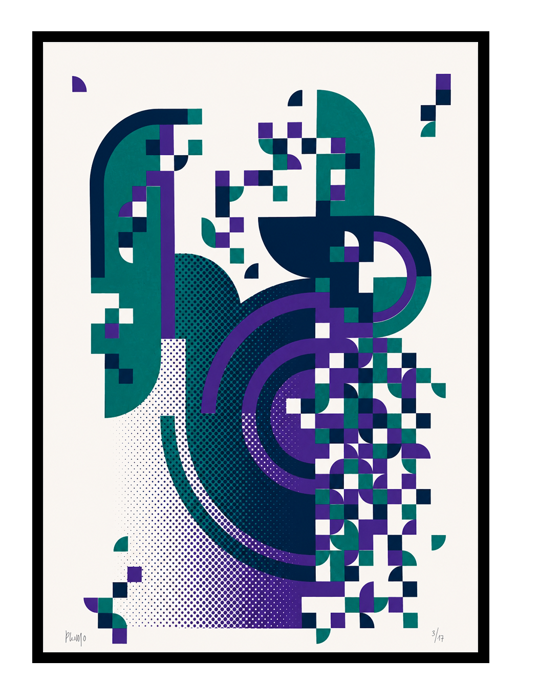 Abstract geometric handmade screenprint in teal, navy blue, and purple by PLUMO featuring pixel-inspired shapes, circular forms, and modern graphic patterns on a white background.