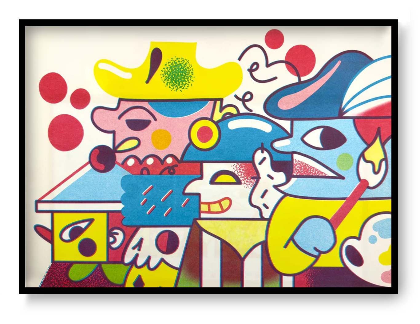 Plaza Parade risograph art print by Auwnanas featuring colorful abstract characters, bold shapes, and layered textures in a playful modern composition, A3 size wall art