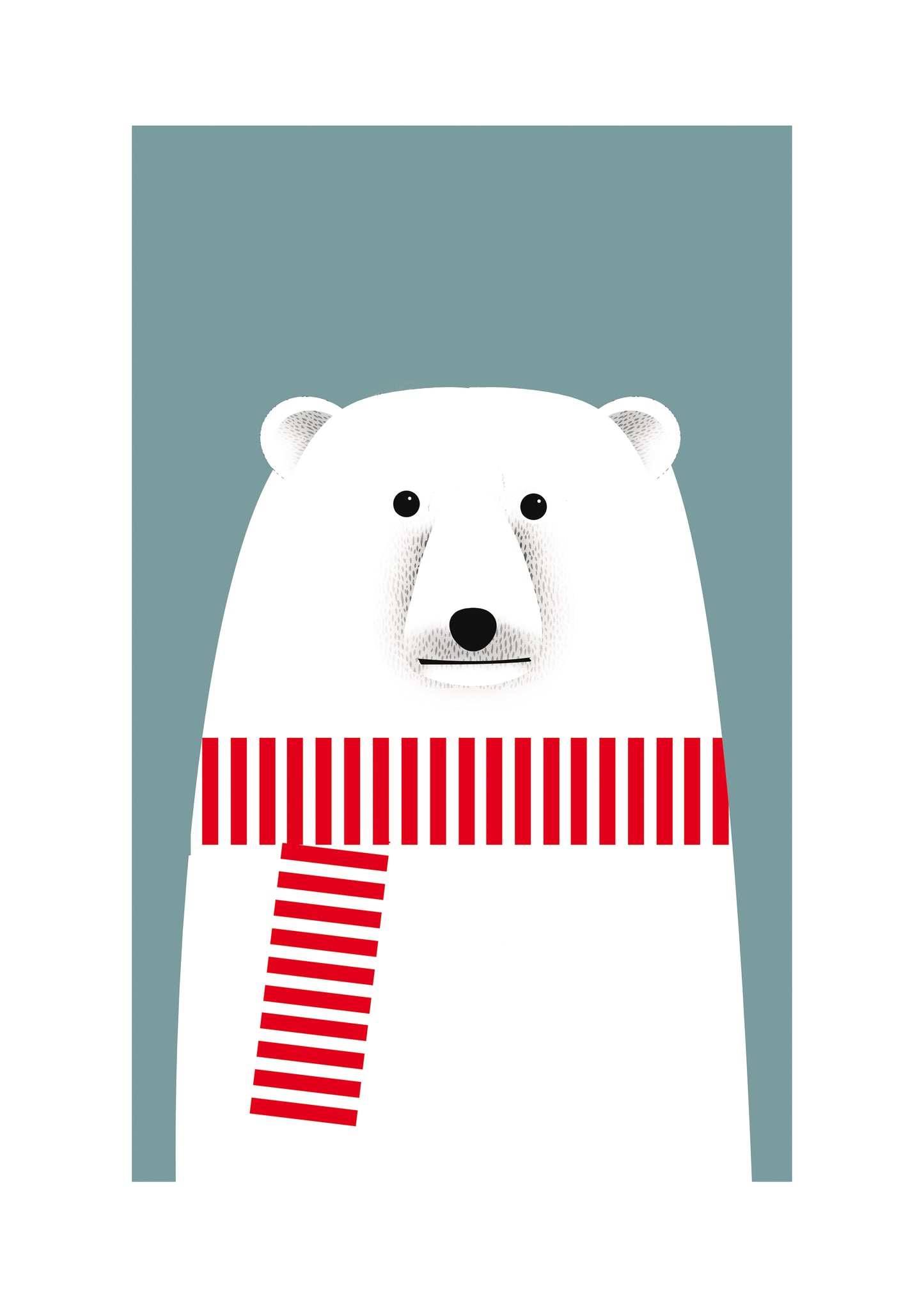 Minimalist illustration by Studio Frits of a charming polar bear wearing a bold red and white striped scarf against a soft blue background. Clean lines and Scandinavian-inspired design make this print a playful yet stylish addition to modern nurseries, seasonal decor, or minimalist art collections