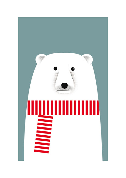 Minimalist illustration by Studio Frits of a charming polar bear wearing a bold red and white striped scarf against a soft blue background. Clean lines and Scandinavian-inspired design make this print a playful yet stylish addition to modern nurseries, seasonal decor, or minimalist art collections