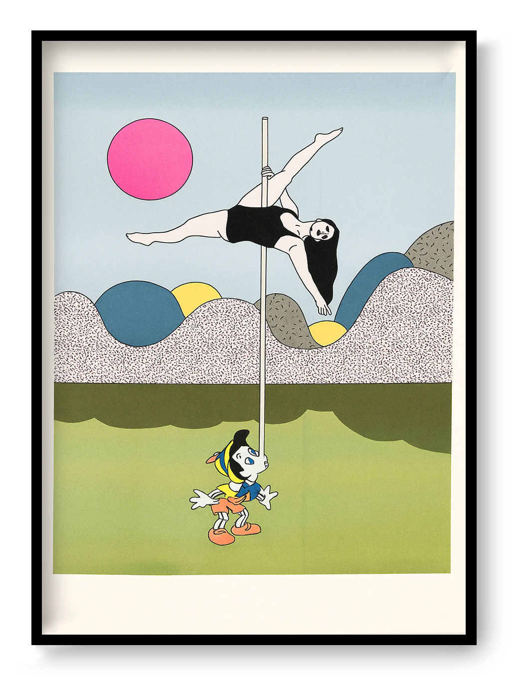 Limited-edition risograph print featuring a pole dancer balanced above a surprised Pinocchio character, created in Studio Stoutpoep's playful satirical style. Soft pastel colors, geometric landscape forms, and bold graphic composition for contemporary wall decor.