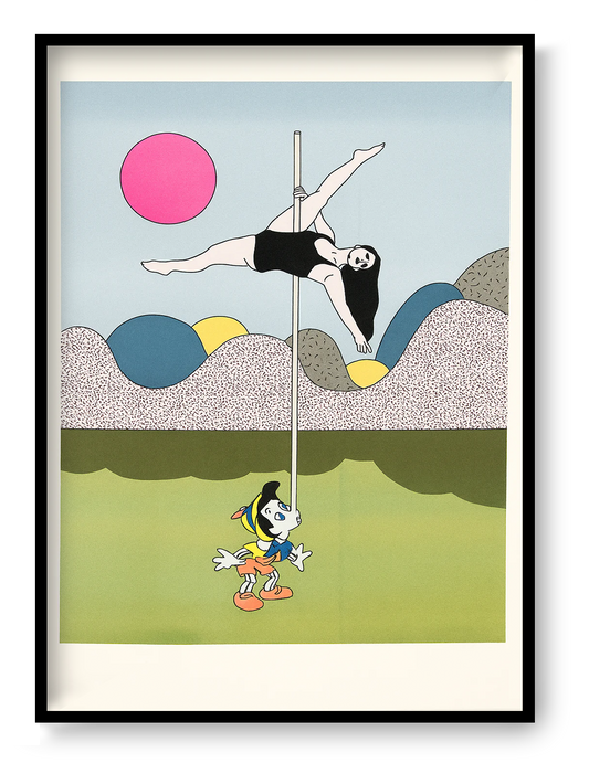 Limited-edition risograph print featuring a pole dancer balanced above a surprised Pinocchio character, created in Studio Stoutpoep's playful satirical style. Soft pastel colors, geometric landscape forms, and bold graphic composition for contemporary wall decor.
