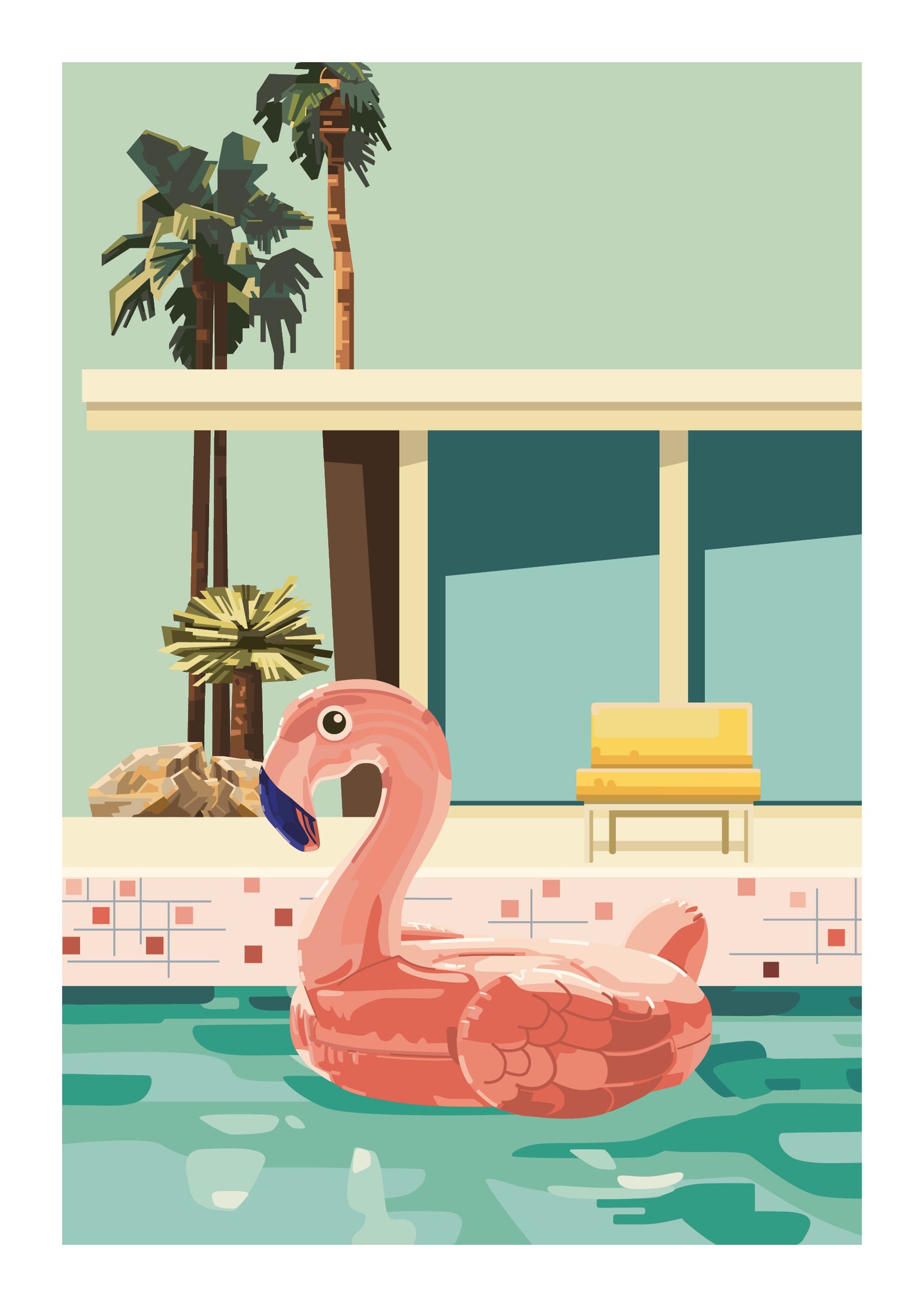 Colourful vertical digital art print showing a large pink flamingo pool float in turquoise water, surrounded by palm trees and retro architecture, ideal for playful living room or bedroom decor.
