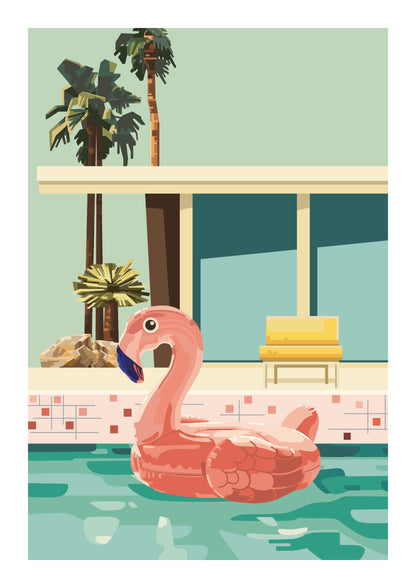 Colourful vertical digital art print showing a large pink flamingo pool float in turquoise water, surrounded by palm trees and retro architecture, ideal for playful living room or bedroom decor.