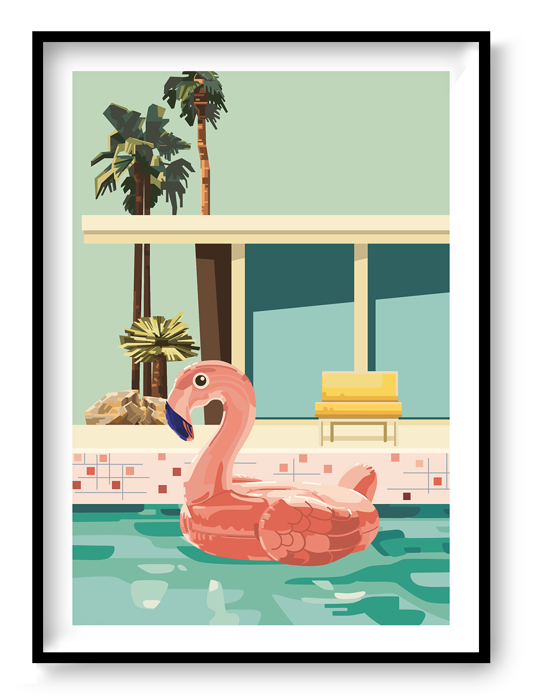 Colourful vertical digital art print showing a large pink flamingo pool float in turquoise water, surrounded by palm trees and retro architecture, ideal for playful living room or bedroom decor.