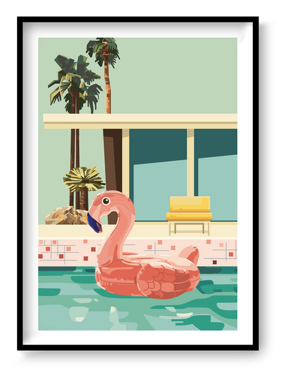 Colourful vertical digital art print showing a large pink flamingo pool float in turquoise water, surrounded by palm trees and retro architecture, ideal for playful living room or bedroom decor.