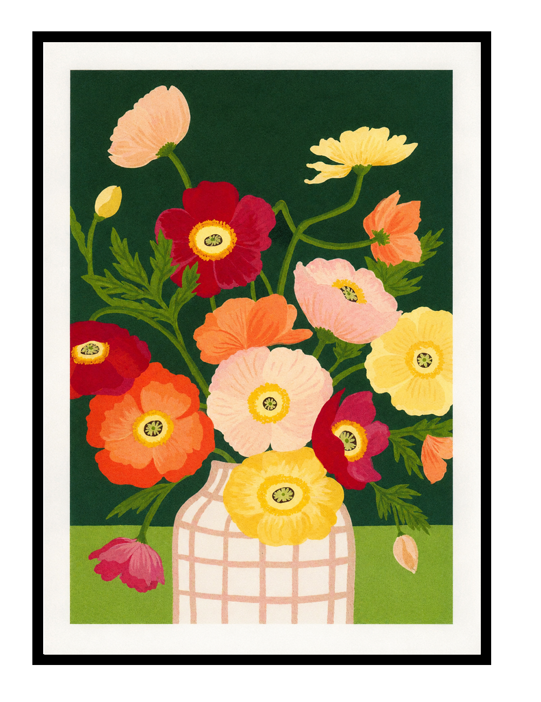 Colorful floral art print “Poppies” by Leens featuring vibrant red, pink, yellow, and orange poppy flowers in a patterned vase against a dark green background. Contemporary botanical wall art print for modern interiors.