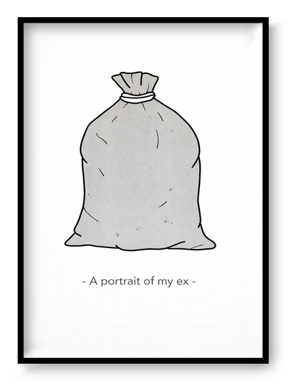 Minimalist risograph art print featuring a tied sack labeled "A Portrait of My Ex", black line illustration on a light background with humorous sarcastic tone, vertical A3 wall art for modern interiors and gift giving.