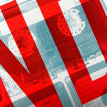 Life Has No Rewind motivational art print by Gumbootz, 50×70 cm screen print with neon-orange typography over turquoise cassette background, bold contemporary wall art for modern homes, inspirational poster for design lovers.