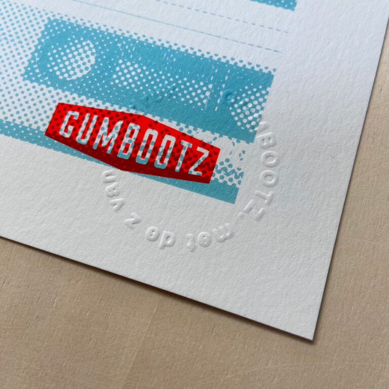 Life Has No Rewind motivational art print by Gumbootz, 50×70 cm screen print with neon-orange typography over turquoise cassette background, bold contemporary wall art for modern homes, inspirational poster for design lovers.