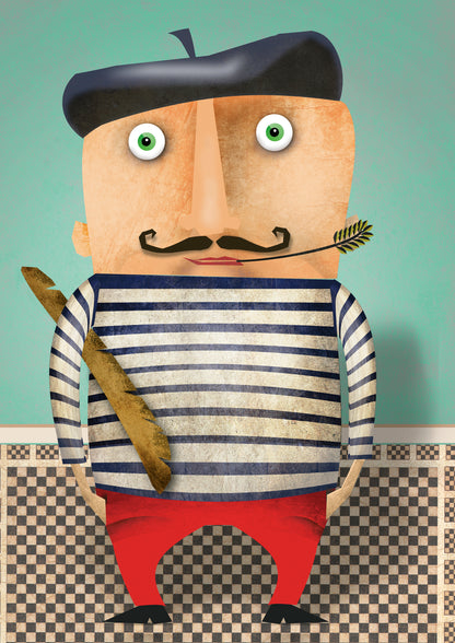 Funny illustration of a stereotypical French man wearing a striped shirt and beret, holding a baguette, humorous character art print from the Proud People series by Gert Paenen.