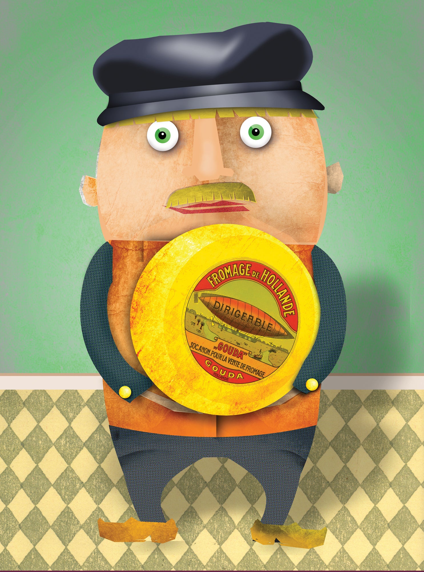 Meneer Van Oranje art print by Studio Frits featuring a quirky character holding a wheel of Gouda cheese in playful Dutch inspired illustration