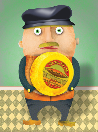 Meneer Van Oranje art print by Studio Frits featuring a quirky character holding a wheel of Gouda cheese in playful Dutch inspired illustration