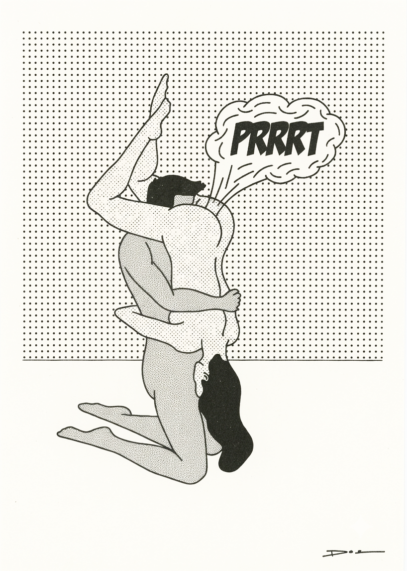 Humorous black and white digital art print featuring two embracing nude figures with a comic speech bubble, minimalist graphic style, bold linework and halftone textures, vertical composition for modern home decor and contemporary wall art.