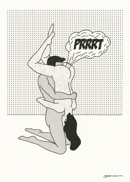 Humorous black and white digital art print featuring two embracing nude figures with a comic speech bubble, minimalist graphic style, bold linework and halftone textures, vertical composition for modern home decor and contemporary wall art.