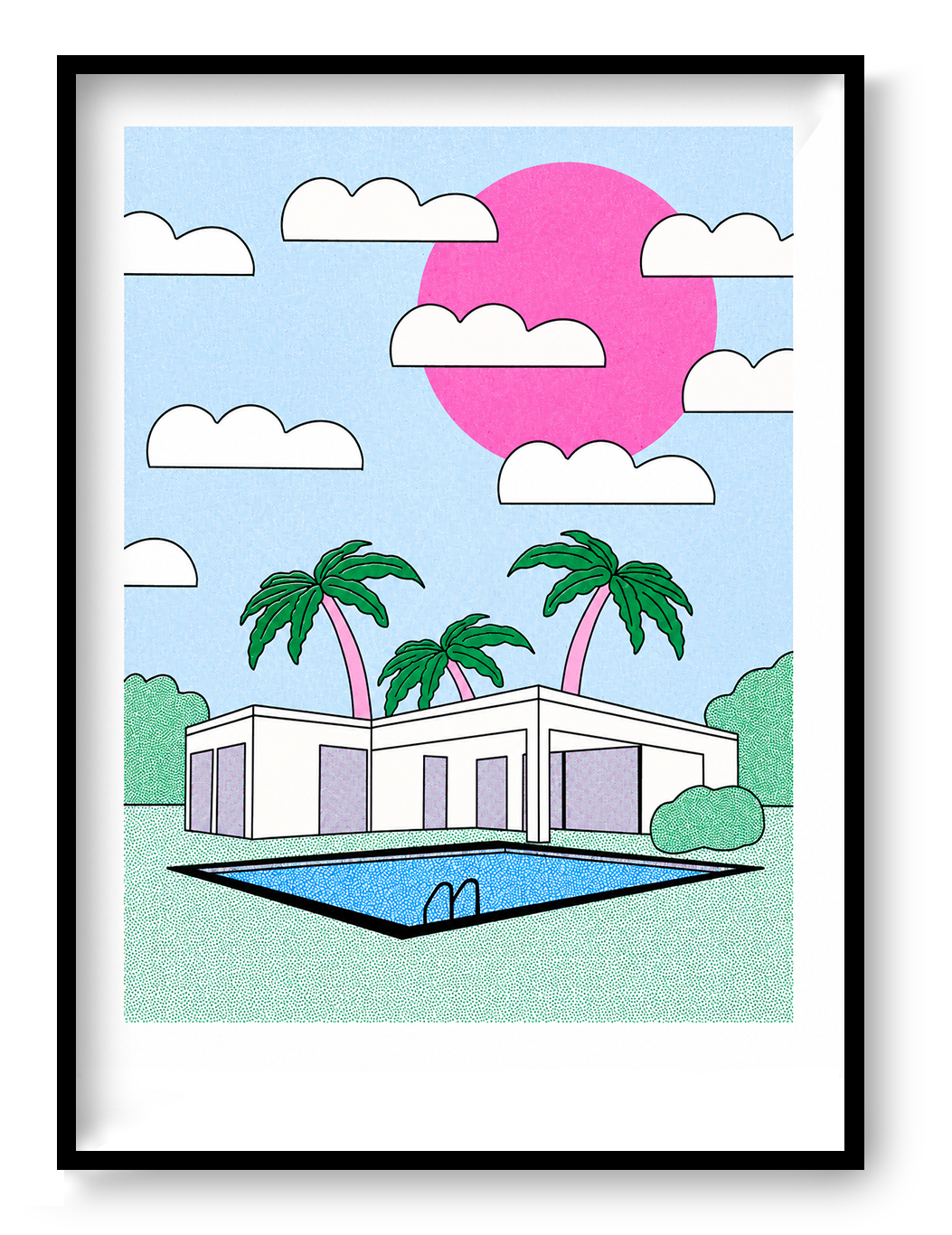 Palm Springs risograph art print by Studio Stoutpoep featuring a modernist villa, swimming pool, pink sun, and palm trees in pastel colors. Retro-inspired A3 wall art with playful mid-century holiday vibes, ideal for living rooms, offices, and contemporary interiors.