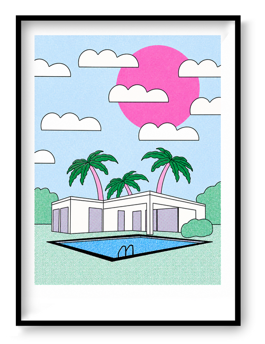 Palm Springs risograph art print by Studio Stoutpoep featuring a modernist villa, swimming pool, pink sun, and palm trees in pastel colors. Retro-inspired A3 wall art with playful mid-century holiday vibes, ideal for living rooms, offices, and contemporary interiors.