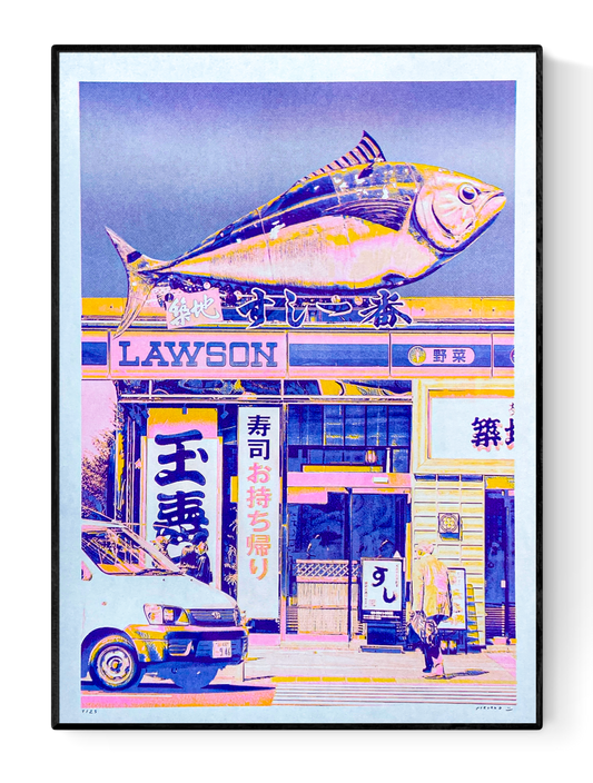 Vibrant risograph print of a Japanese Lawson store with oversized tuna sculpture on top, created by PTRVRKD in CMYK on A3 Biotop paper. Limited edition art print with bold pink, yellow, and blue tones, hand-signed and numbered.