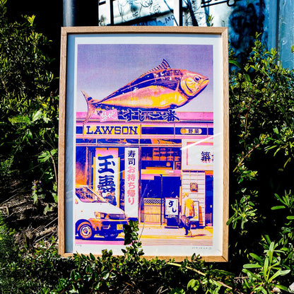 Vibrant risograph print of a Japanese Lawson store with oversized tuna sculpture on top, created by PTRVRKD in CMYK on A3 Biotop paper. Limited edition art print with bold pink, yellow, and blue tones, hand-signed and numbered.