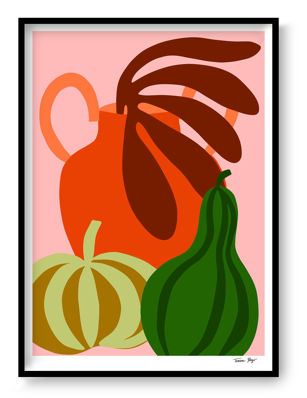 Colorful still life illustration of green pumpkin, orange jug, and gourd by Teresa Rego – modern A3 art print on 300g Munken paper, perfect for kitchen or home decor