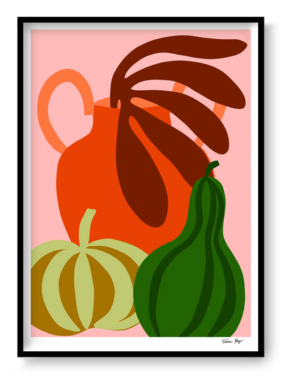 Colorful still life illustration of green pumpkin, orange jug, and gourd by Teresa Rego – modern A3 art print on 300g Munken paper, perfect for kitchen or home decor
