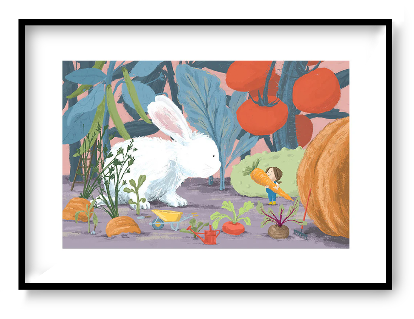 "Year of the Rabbit" art print by Willy Leung featuring a giant white rabbit and a tiny girl harvesting vegetables in a whimsical garden. Giclée printed on Hahnemühle paper.